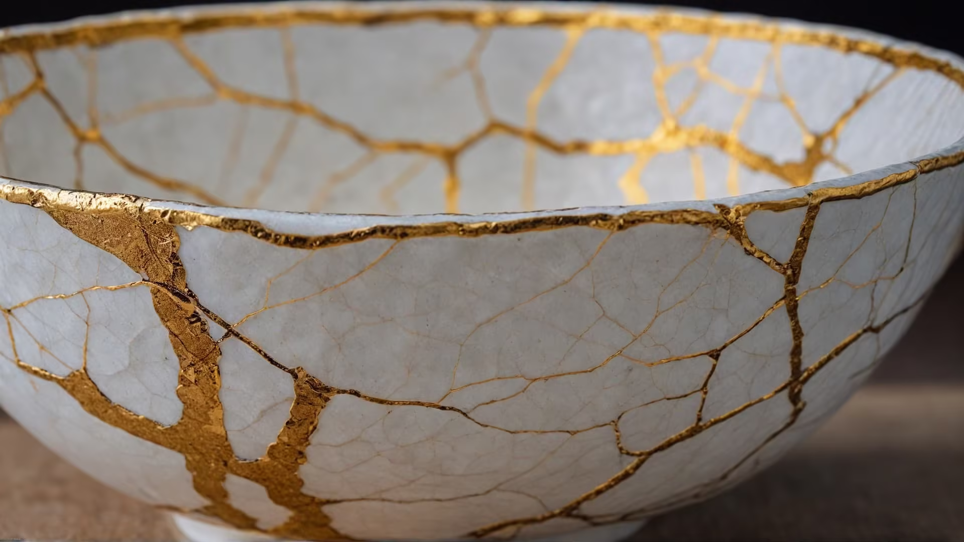 Beautiful kintsugi repair detail showing gold seams